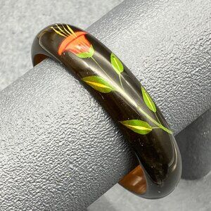 Wooden Floral Bangle Bracelet 3 In Hand-Painted Black Red Green Retro Vintage